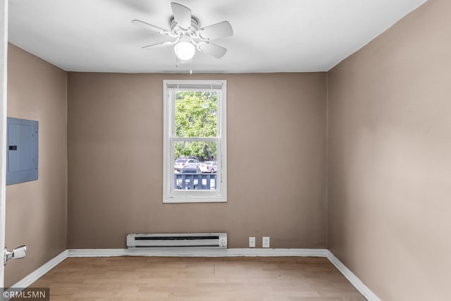 485 Belvidere St E, Saint Paul, MN 55107 - unfurnished room with a baseboard radiator, electric panel, a ceiling fan, wood finished floors, and baseboards