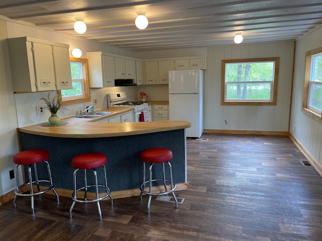 33008 Birch Ln, Motley, MN 56466 - kitchen featuring white appliances, a sink, extractor fan, a peninsula, and baseboards