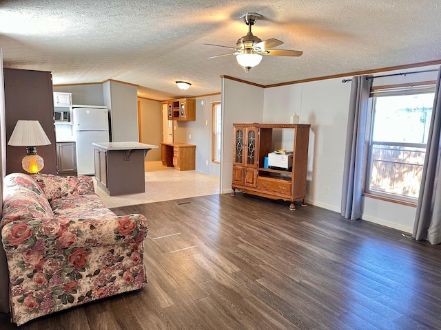 33363 Gardenview Dr, Sturgeon Lake, MN 55783 - living room with ornamental molding, a ceiling fan, wood finished floors, a textured ceiling, and baseboards