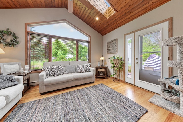 living area featuring plenty of natural light, a skylight, lofted ceiling, wood finished floors, and wooden ceiling