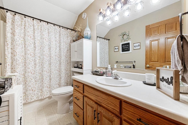 full bath with toilet, vanity, vaulted ceiling, and shower / tub combo