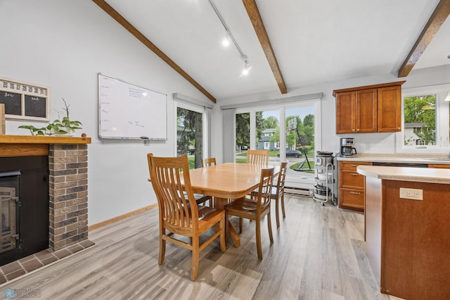 2514 Willow Rd N, Fargo, ND 58102 - dining room featuring light wood-style flooring, plenty of natural light, and a brick fireplace