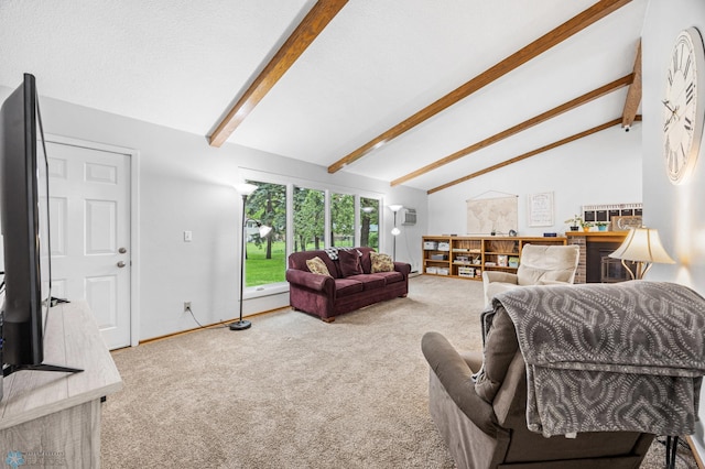 2514 Willow Rd N, Fargo, ND 58102 - living room featuring beam ceiling, carpet flooring, and high vaulted ceiling