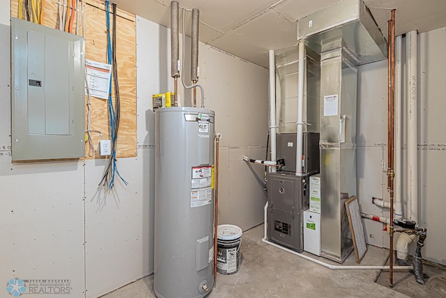 utility room featuring electric panel, water heater, and heating unit