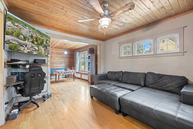 301 3rd St, Nashwauk, MN 55769 - living area featuring wood ceiling, crown molding, a desk, hardwood / wood-style floors, and ceiling fan