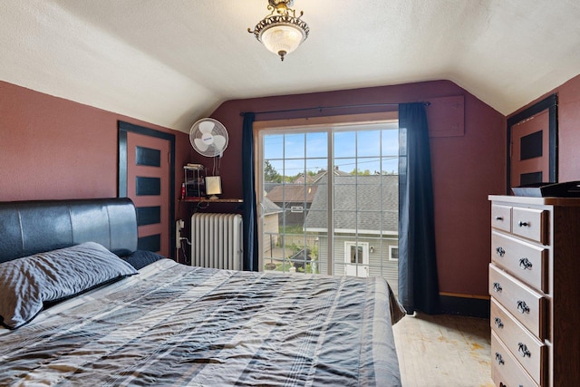 301 3rd St, Nashwauk, MN 55769 - bedroom with radiator, lofted ceiling, wood finished floors, and a textured ceiling