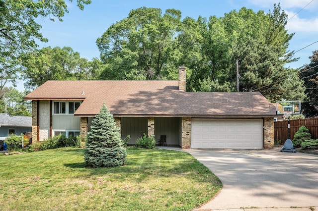 1653 Briardale Rd NE, Fridley, MN 55432 - mid-century modern home with a garage, concrete driveway, a chimney, roof with shingles, and brick siding