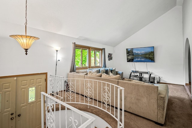 1653 Briardale Rd NE, Fridley, MN 55432 - carpeted living area featuring baseboards and high vaulted ceiling