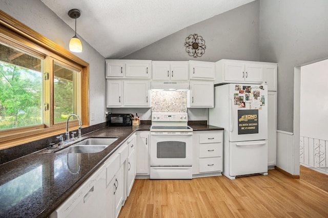 1653 Briardale Rd NE, Fridley, MN 55432 - kitchen with white appliances, a sink, lofted ceiling, white cabinetry, and under cabinet range hood