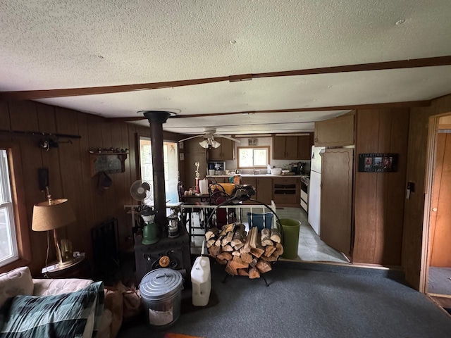 54202 Memory Ln NE, Waskish, MN 56685 - living room featuring a wood stove, a textured ceiling, a ceiling fan, wood walls, and light colored carpet