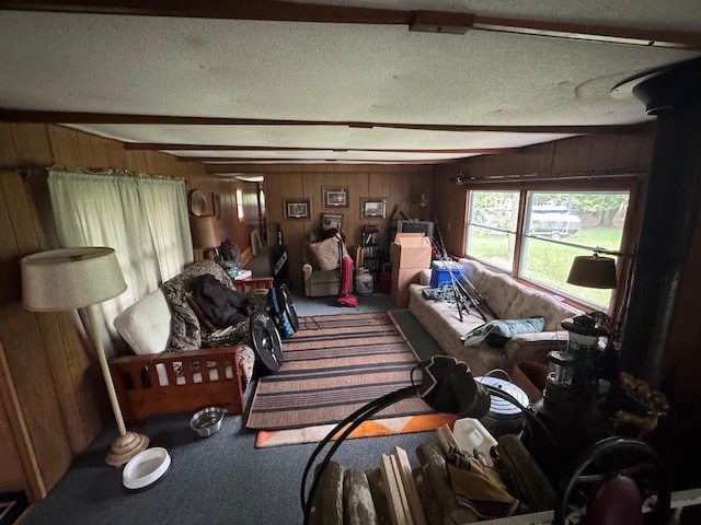 54202 Memory Ln NE, Waskish, MN 56685 - carpeted living room featuring wood walls, a textured ceiling, and beam ceiling
