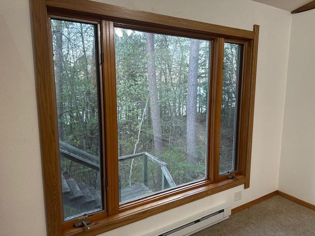 detailed view of carpet, baseboards, and a baseboard radiator