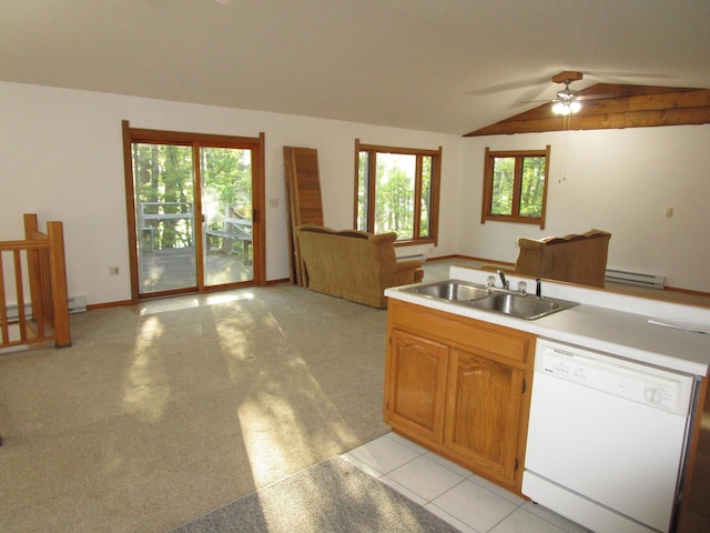 50532 County 29, Bemidji, MN 56601 - kitchen featuring dishwasher, a sink, open floor plan, vaulted ceiling, and ceiling fan