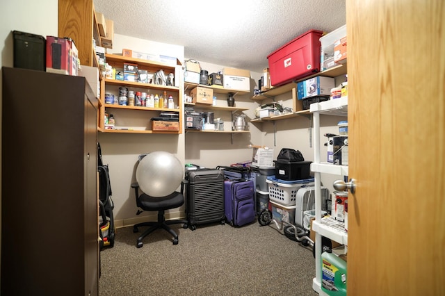 office featuring carpet flooring and a textured ceiling