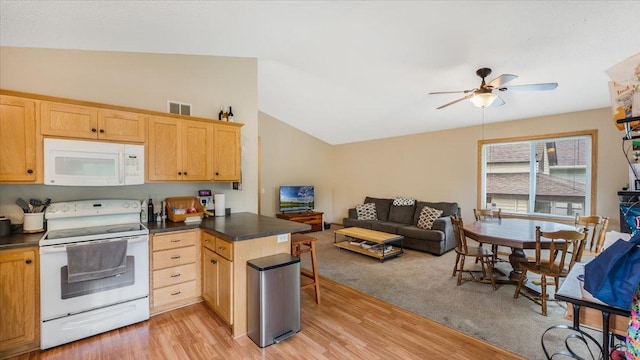 833 19th Ave N, Saint Cloud, MN 56303 - kitchen featuring white appliances, open floor plan, dark countertops, and lofted ceiling
