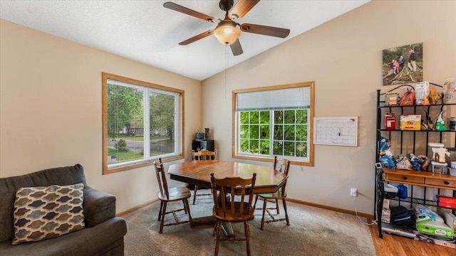 833 19th Ave N, Saint Cloud, MN 56303 - dining space featuring vaulted ceiling, a ceiling fan, baseboards, and carpet flooring