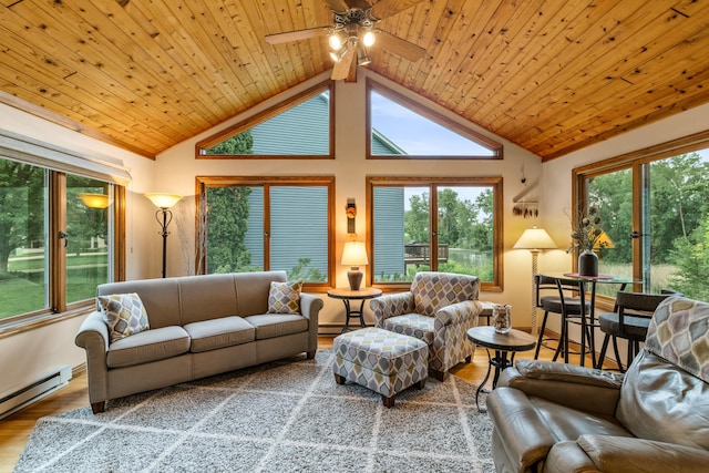 480 Suzanne Ave, Shoreview, MN 55126 - living area with wood finished floors, a baseboard radiator, lofted ceiling, ceiling fan, and healthy amount of natural light