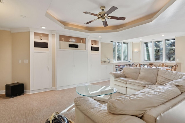 1438 Kings Wood Rd, Eagan, MN 55122 - living area featuring a ceiling fan, a raised ceiling, light colored carpet, and recessed lighting
