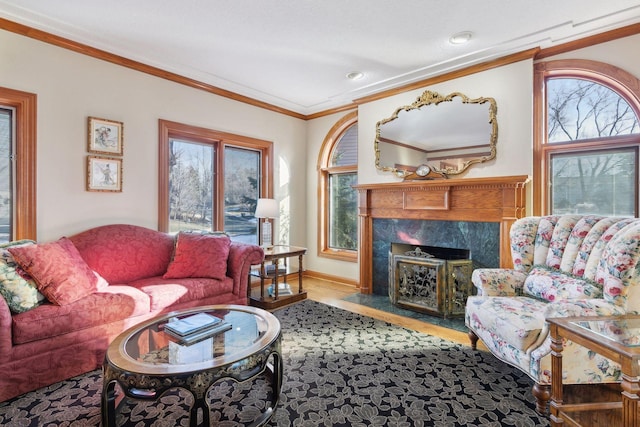 1438 Kings Wood Rd, Eagan, MN 55122 - living area featuring a premium fireplace, plenty of natural light, crown molding, recessed lighting, and baseboards