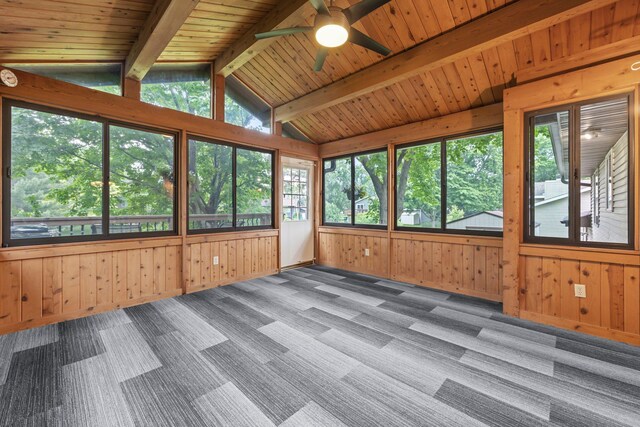 824 96th Ln NE, Blaine, MN 55434 - unfurnished sunroom featuring carpet flooring, a ceiling fan, wooden walls, and wood ceiling