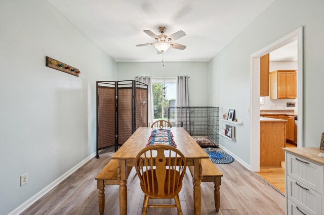 1005 Hope Ave, Jordan, MN 55352 - dining room featuring ceiling fan, light wood-style flooring, and baseboards