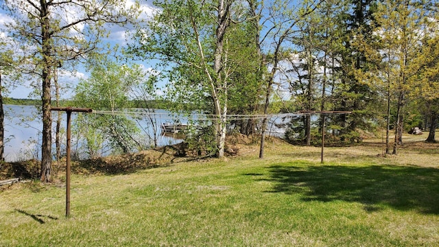 view of grassy yard featuring a water view