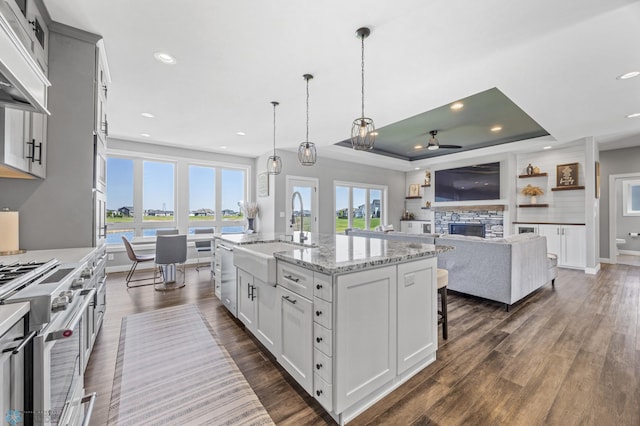 1991 69th Ave S, Fargo, ND 58104 - kitchen with a sink, ceiling fan, stainless steel range, dark wood-type flooring, and a raised ceiling