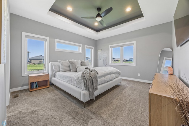 1991 69th Ave S, Fargo, ND 58104 - bedroom featuring carpet floors, a tray ceiling, baseboards, arched walkways, and recessed lighting