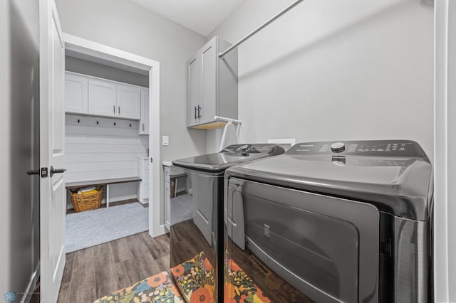 1991 69th Ave S, Fargo, ND 58104 - laundry area featuring washer and dryer, cabinet space, and dark wood-style floors