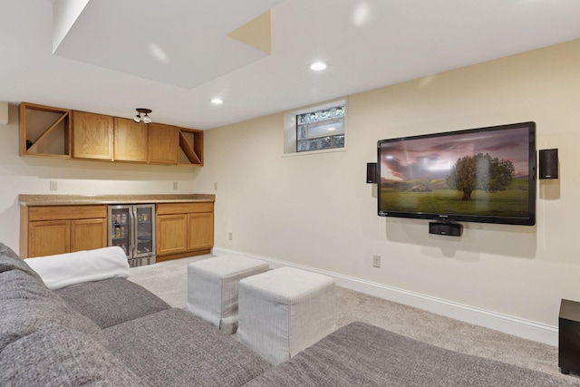 3313 Yosemite Ave S, Saint Louis Park, MN 55416 - carpeted living room featuring wine cooler, recessed lighting, bar area, and baseboards