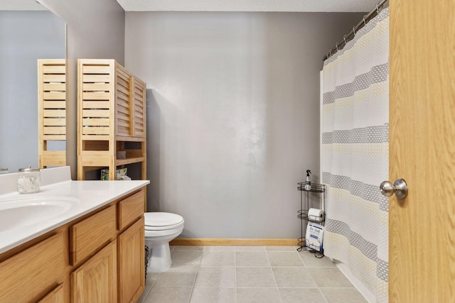 12977 Echo Ln, Apple Valley, MN 55124 - bathroom with vanity, toilet, baseboards, tile patterned flooring, and a shower with shower curtain