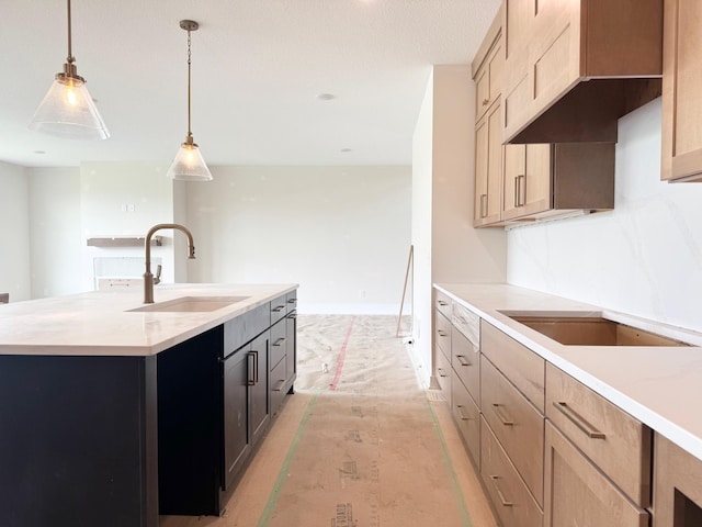 17970 103rd Ave N, Maple Grove, MN 55311 - kitchen featuring custom range hood, pendant lighting, a kitchen island with sink, and light brown cabinets