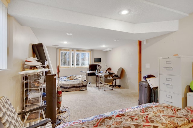 carpeted bedroom featuring multiple windows and recessed lighting
