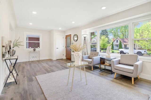 living area featuring baseboards, wood finished floors, and recessed lighting
