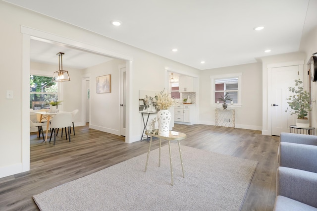 living room featuring wood finished floors, baseboards, and recessed lighting