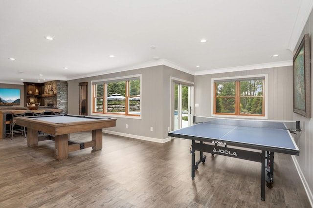 14575 268th Ave NW, Zimmerman, MN 55398 - recreation room with crown molding, wood finished floors, baseboards, billiards table, and recessed lighting