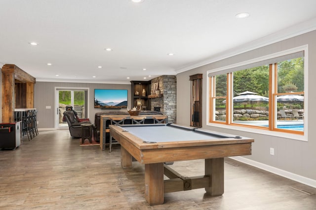 14575 268th Ave NW, Zimmerman, MN 55398 - rec room featuring ornamental molding, billiards, wood finished floors, baseboards, and recessed lighting