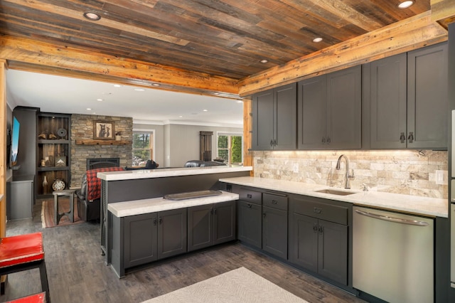 14575 268th Ave NW, Zimmerman, MN 55398 - kitchen with stainless steel dishwasher, a peninsula, wood ceiling, a sink, and light countertops