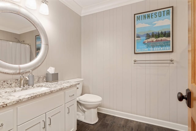 14575 268th Ave NW, Zimmerman, MN 55398 - bathroom with vanity, crown molding, wood finished floors, toilet, and a shower with shower curtain