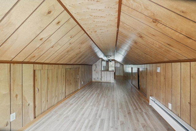 bonus room with baseboard heating, wood walls, wood finished floors, wooden ceiling, and lofted ceiling