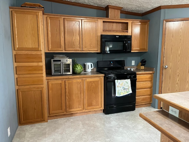 1141 Mahogany St, Mora, MN 55051 - kitchen with black appliances, crown molding, and brown cabinetry