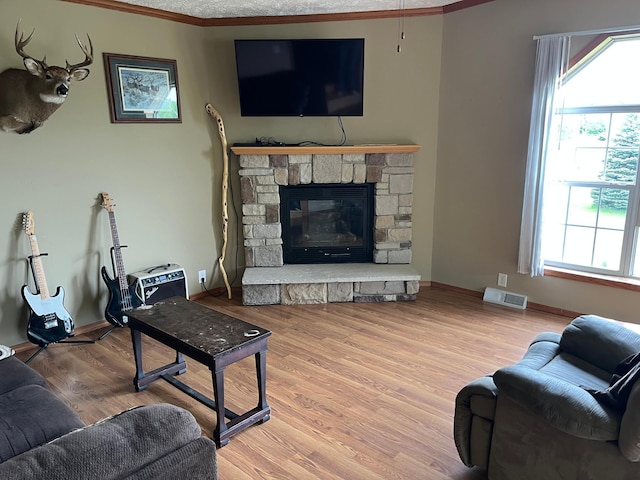 1141 Mahogany St, Mora, MN 55051 - living area with ornamental molding, a fireplace, wood finished floors, and baseboards