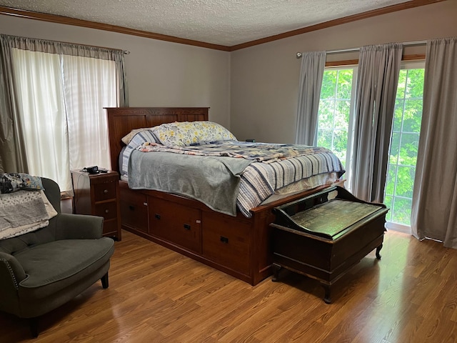 1141 Mahogany St, Mora, MN 55051 - bedroom featuring a textured ceiling, light wood-style floors, and ornamental molding