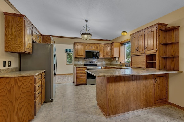 17473 Fairway Cir, Cold Spring, MN 56320 - kitchen featuring stainless steel appliances, a peninsula, brown cabinets, tasteful backsplash, and open shelves