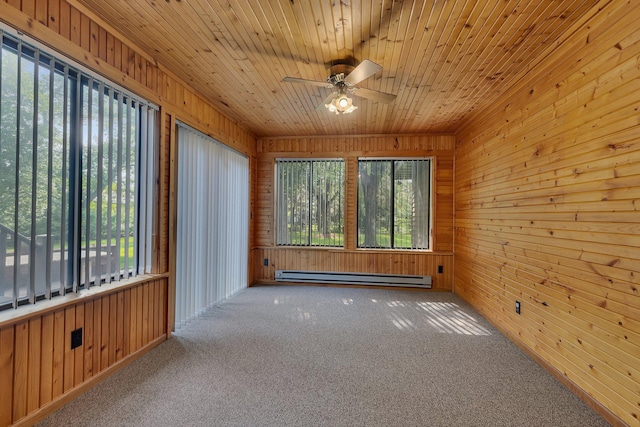 17473 Fairway Cir, Cold Spring, MN 56320 - carpeted empty room featuring a baseboard heating unit, ceiling fan, wood walls, and wood ceiling