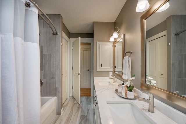 full bath with shower / bathtub combination with curtain and double vanity