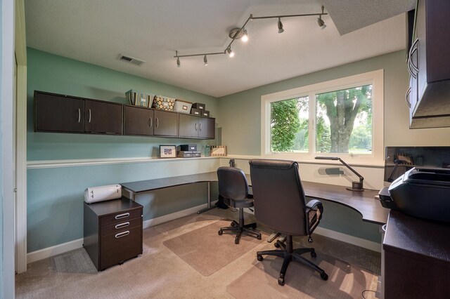 office area featuring light colored carpet, built in study area, and baseboards