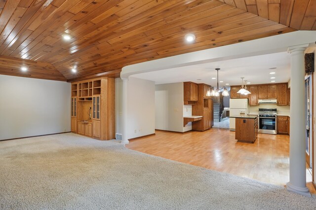8681 144th Street Ct, Apple Valley, MN 55124 - unfurnished living room with wooden ceiling, decorative columns, lofted ceiling, recessed lighting, and light carpet