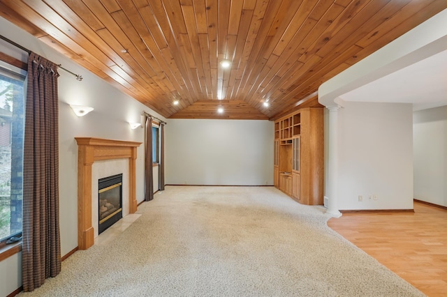 8681 144th Street Ct, Apple Valley, MN 55124 - unfurnished living room with lofted ceiling, a premium fireplace, plenty of natural light, wooden ceiling, and baseboards