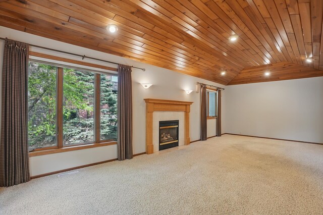 8681 144th Street Ct, Apple Valley, MN 55124 - unfurnished living room featuring wooden ceiling, carpet flooring, vaulted ceiling, baseboards, and recessed lighting